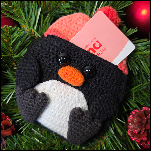 pinguin kerst voorkant kaart Pinguïn cadeaukaartzakje 2 in 1